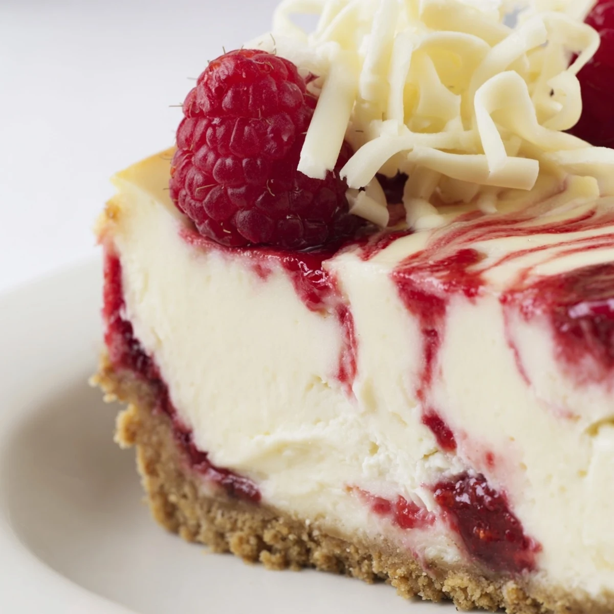 Indulgent White Chocolate Raspberry Cheesecake wedge served on a plate, revealing rich raspberry sauce and crumbly crust.