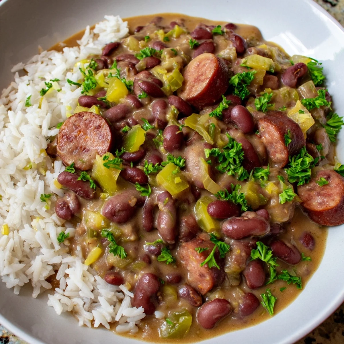Creamy New Orleans Red Beans and Rice served with smoky andouille sausage, fluffy white rice, and fresh green onion garnish.