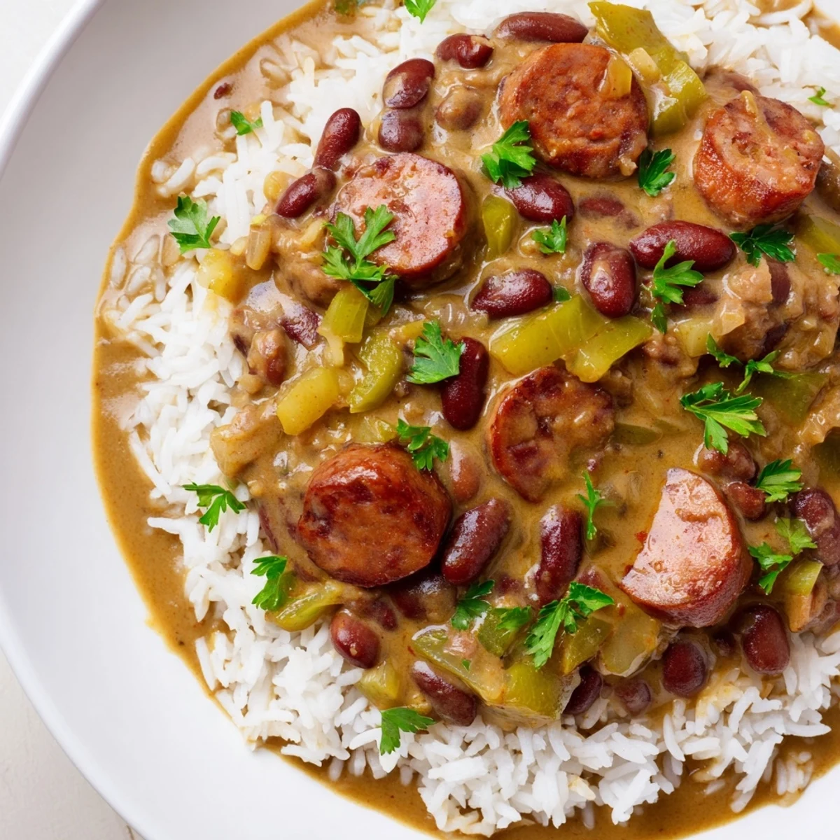 Hearty bowl of New Orleans Red Beans and Rice, garnished with parsley and ready to be drizzled with hot sauce.