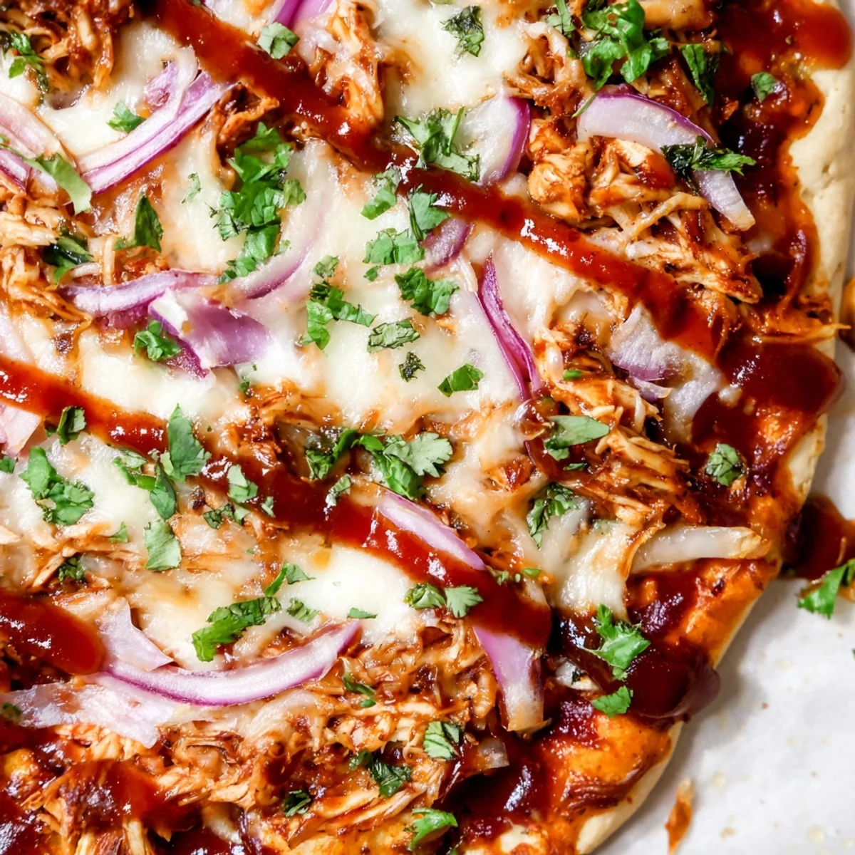 Sizzling Game Day BBQ Chicken pizza on a wooden board, ready for game day gatherings with extra barbecue drizzle.