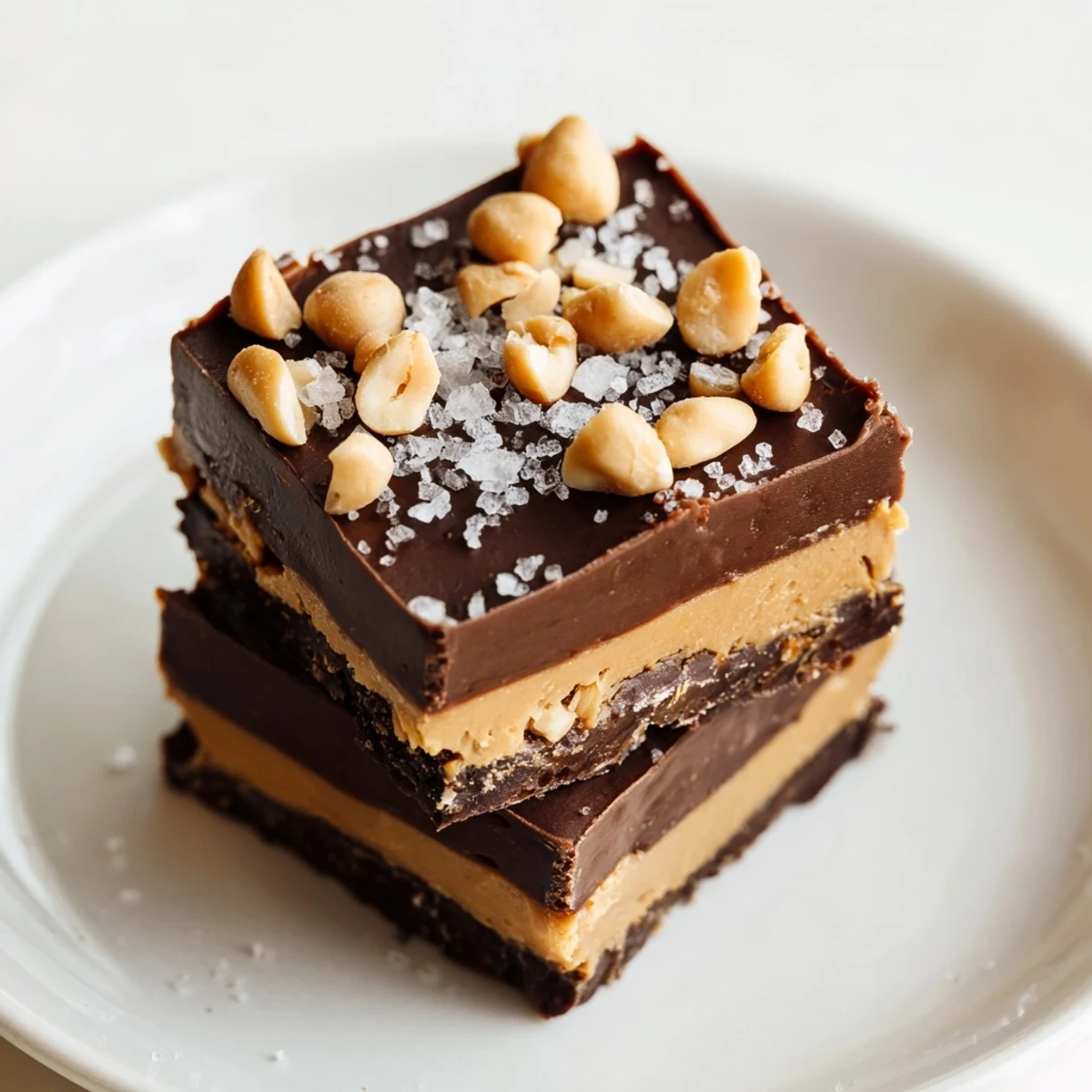 A close-up of Chocolate Peanut Butter Fudge squares with a smooth chocolate top, sprinkled with flaky sea salt and chopped peanuts on a marble board.  