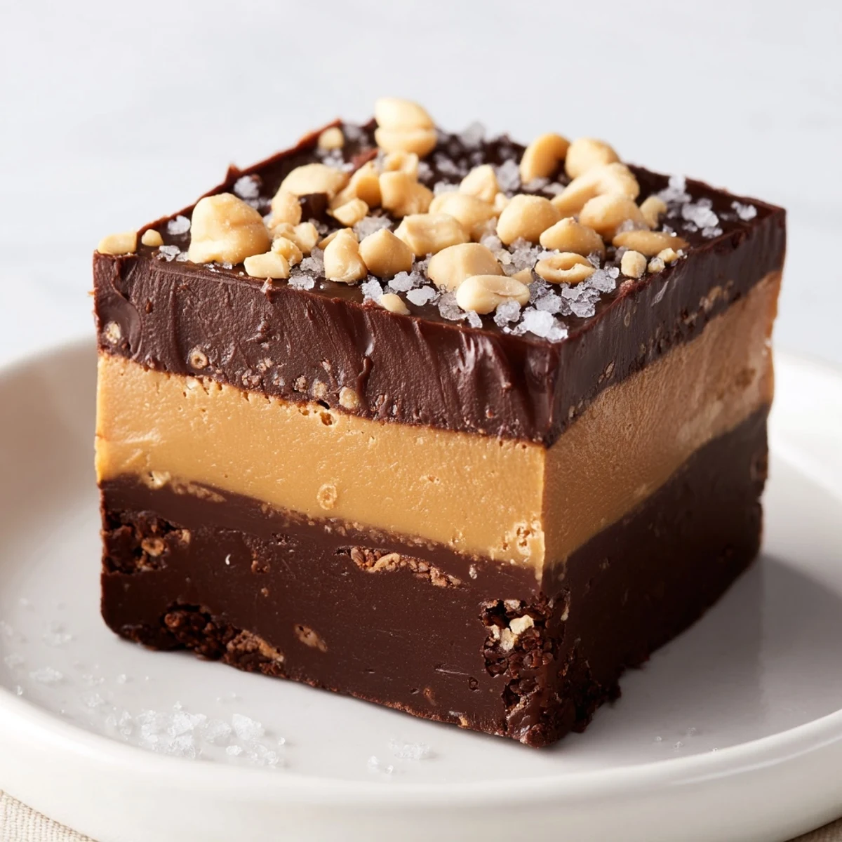 Dark, rich Chocolate Peanut Butter Fudge pieces displayed on a wooden serving tray, garnished with salted peanuts and sea salt.