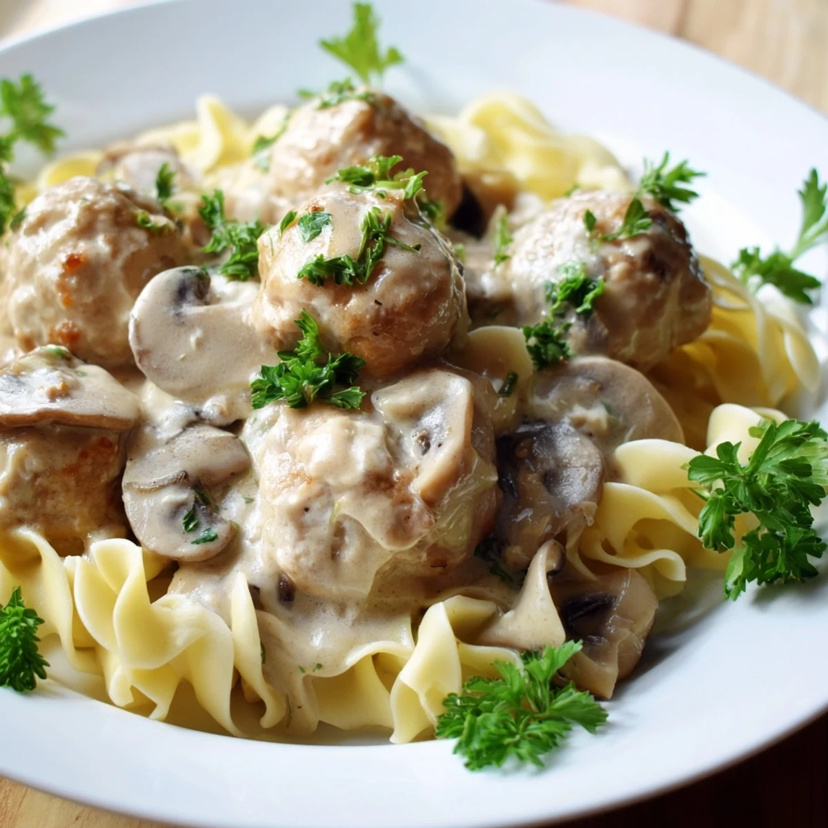 Golden-brown turkey meatballs rest in a creamy mushroom stroganoff sauce over fluffy egg noodles.