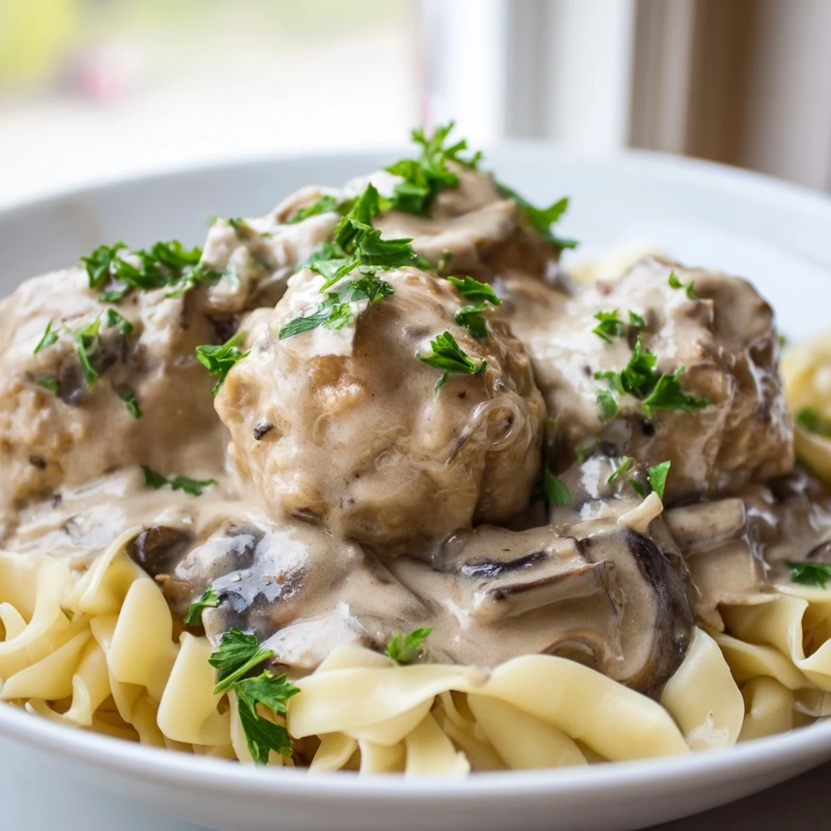 Savory turkey meatball stroganoff served hot over egg noodles, garnished with fresh parsley.