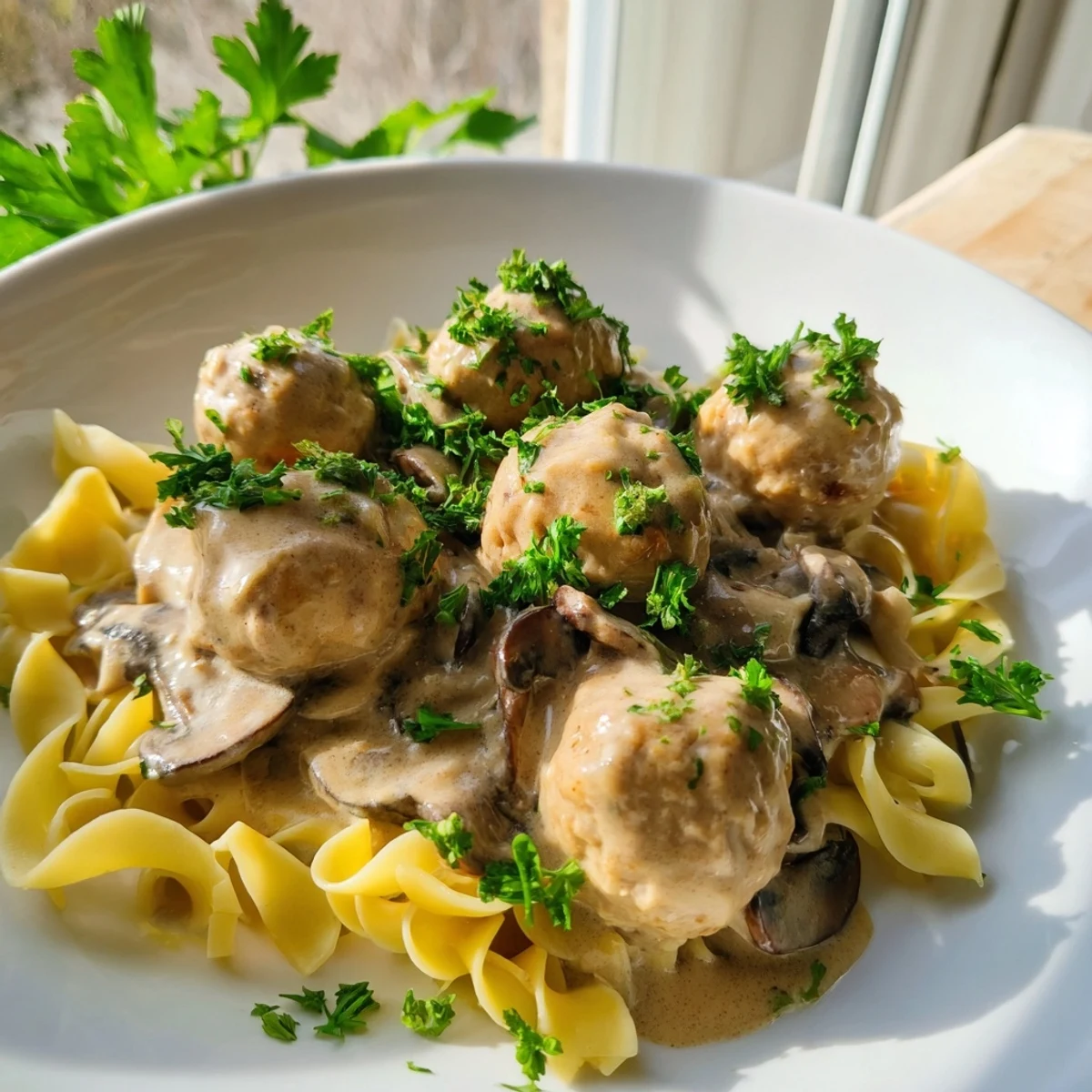 A comforting plate of turkey meatball stroganoff with tender meatballs in rich sauce.