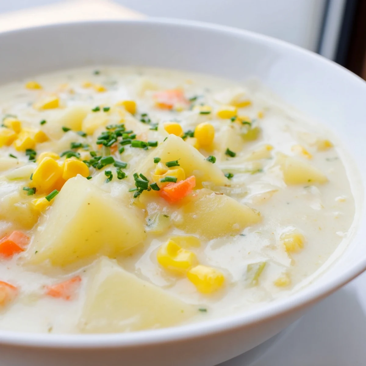 Steaming bowl of Creamy Corn and Potato Chowder, featuring tender potato chunks and sweet corn kernels in a rich, velvety broth.  