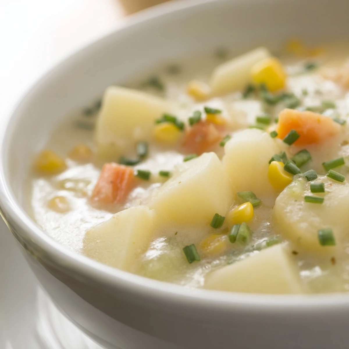 A ladle pours rich Creamy Corn and Potato Chowder into a rustic bowl, highlighting the golden color and thick, hearty texture.