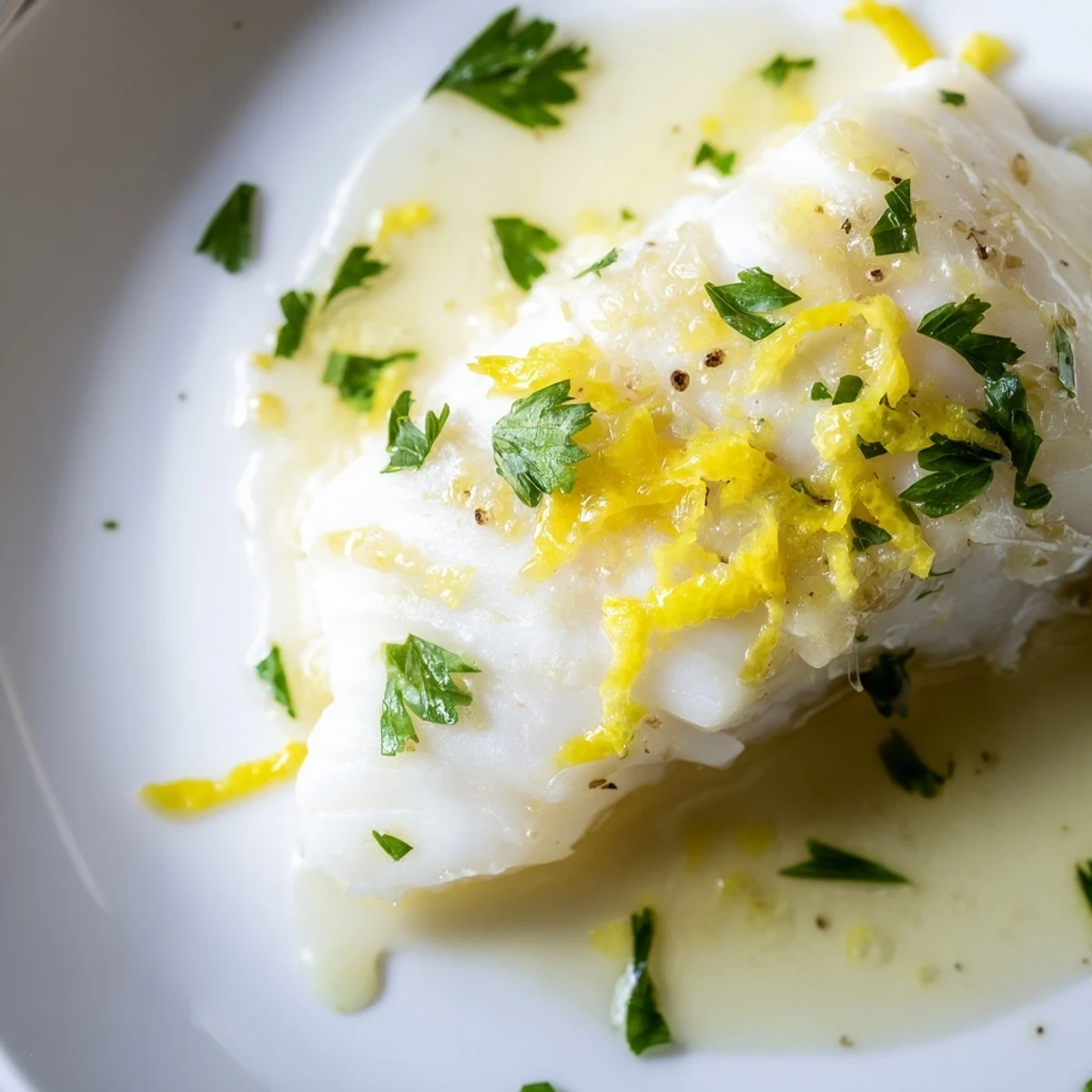 Flaky, oven-baked halibut fillets glistening with a vibrant lemon butter sauce, garnished with fresh parsley and lemon slices.