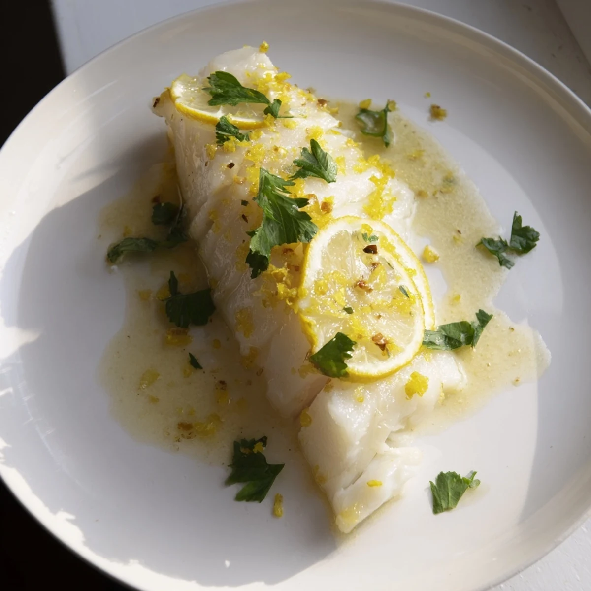 Tender halibut fillets served alongside roasted potatoes and steamed asparagus, drizzled with a bright, zesty lemon butter sauce.