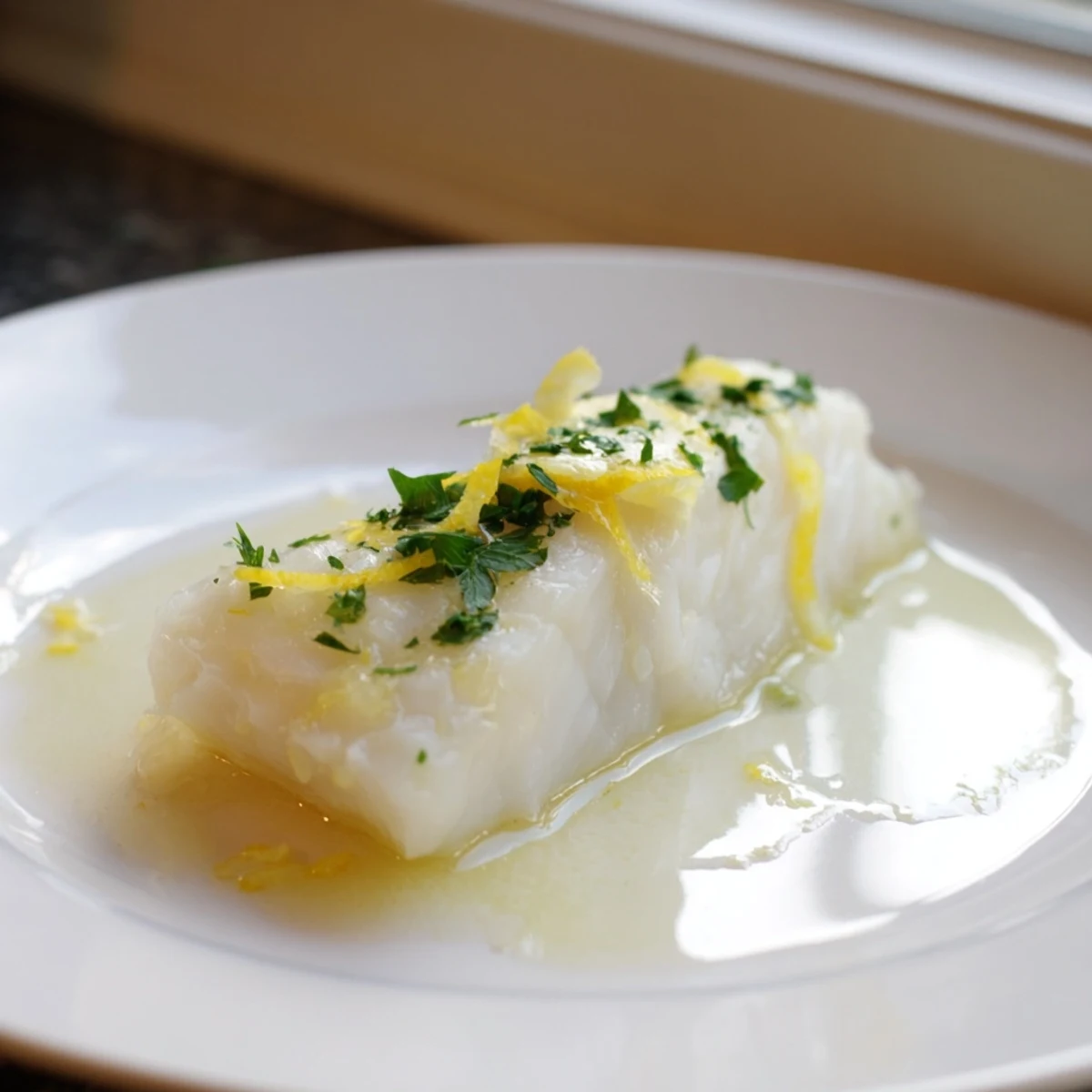 Baked Halibut with Lemon Butter plated elegantly, featuring opaque, fork-tender fish topped with melted butter, garlic, and lemon zest.