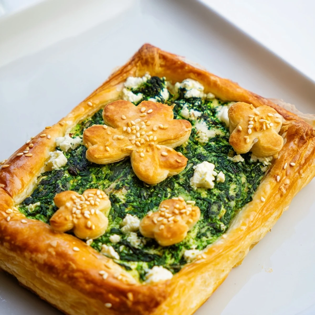 A close-up of the festive Green Spinach and Feta Shamrock Pie, featuring a golden crust and vibrant green filling with fresh herbs.