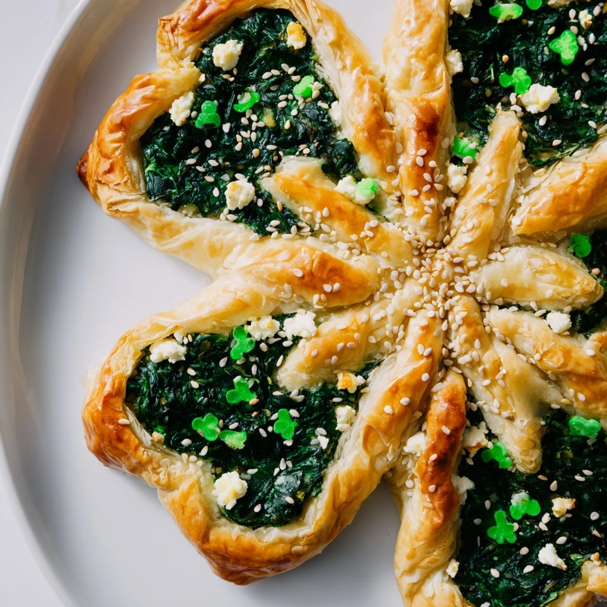 Sliced wedges of Green Spinach and Feta Shamrock Pie reveal the savory spinach, tangy feta, and flaky pastry layers.