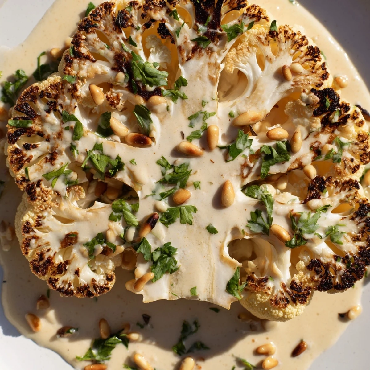 Golden roasted cauliflower steaks on a baking sheet, drizzled with creamy tahini dressing and garnished with fresh parsley.  