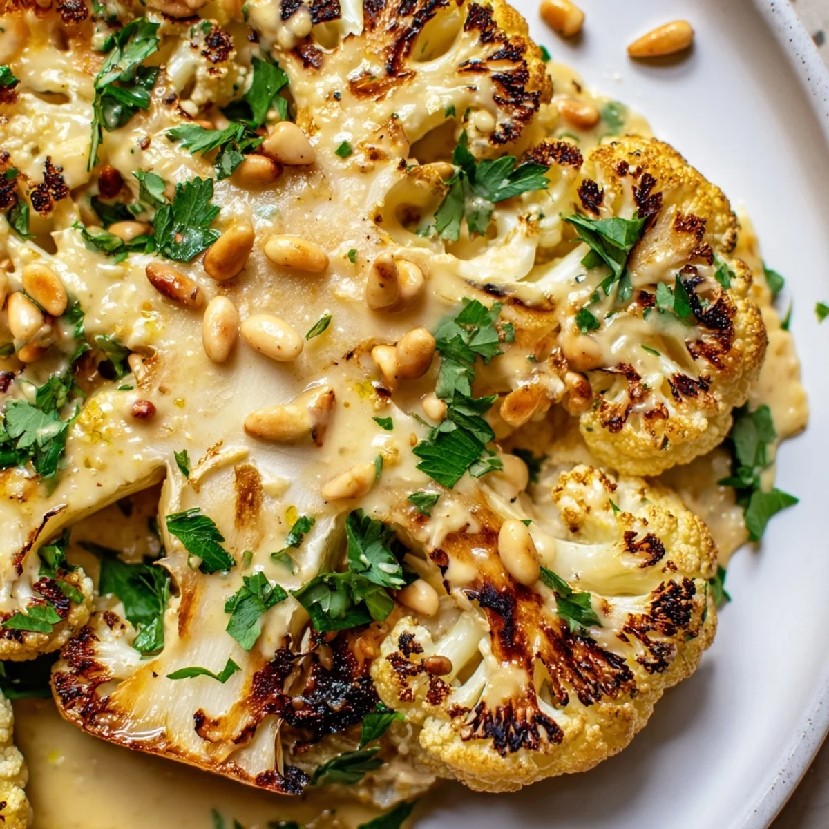 Vibrant plant-based Roasted Cauliflower Steaks with Tahini Dressing served with lemon wedges and toasted pine nuts.  