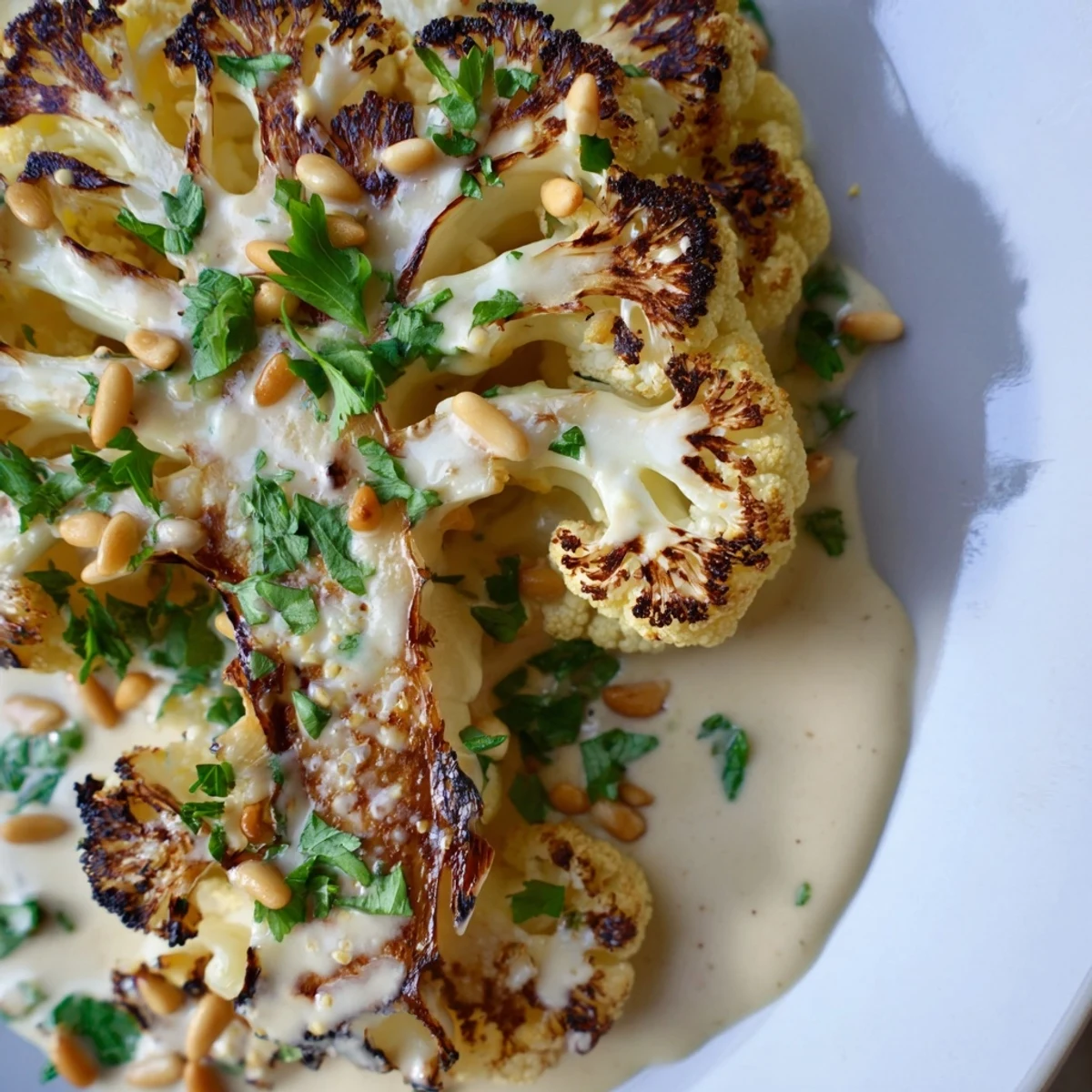 Sizzling cauliflower steaks just out of the oven, glistening with lemon-tahini sauce and ready to serve.