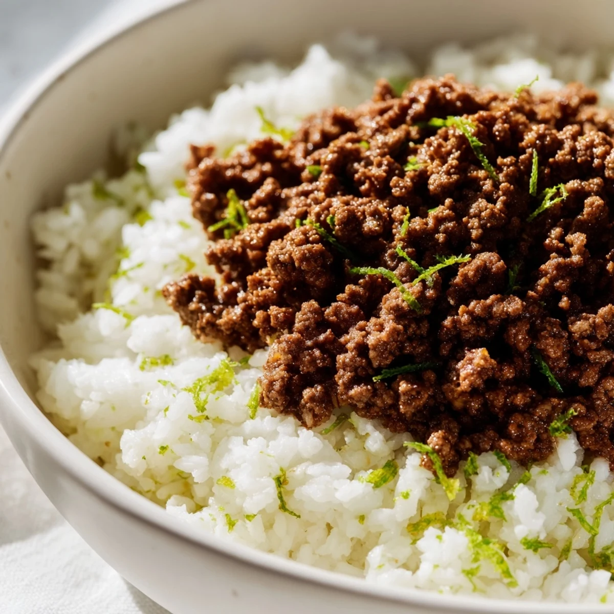 A vibrant bowl of Beef Burrito Bowls with Cilantro Lime Rice, topped with seasoned beef, black beans, corn, and fresh avocado.