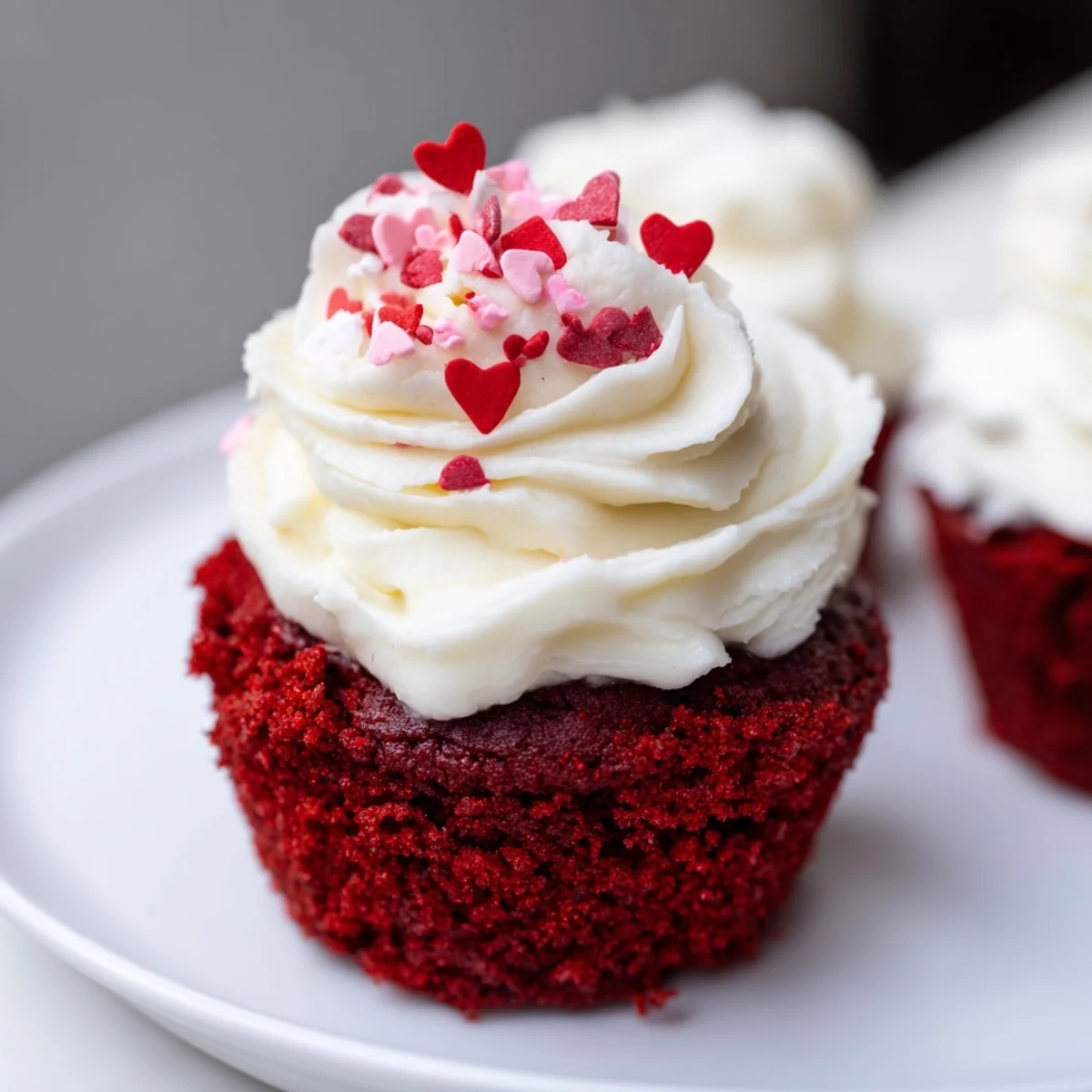 A close-up of a Valentine Red Velvet Cupcake with silky cream cheese frosting and heart sprinkles.