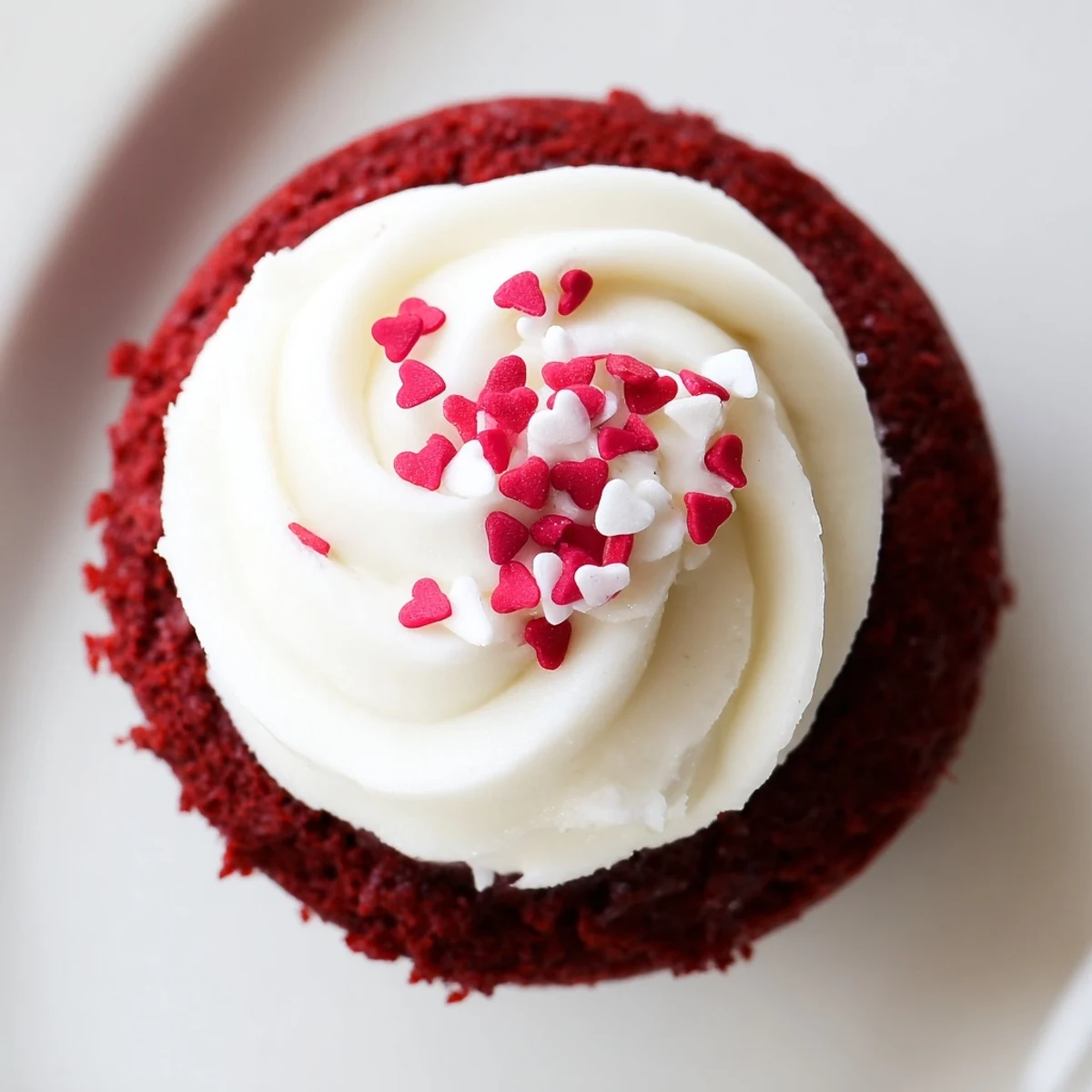 Valentine Red Velvet Cupcakes with cream cheese frosting, showcasing a vibrant red crumb and creamy white topping.