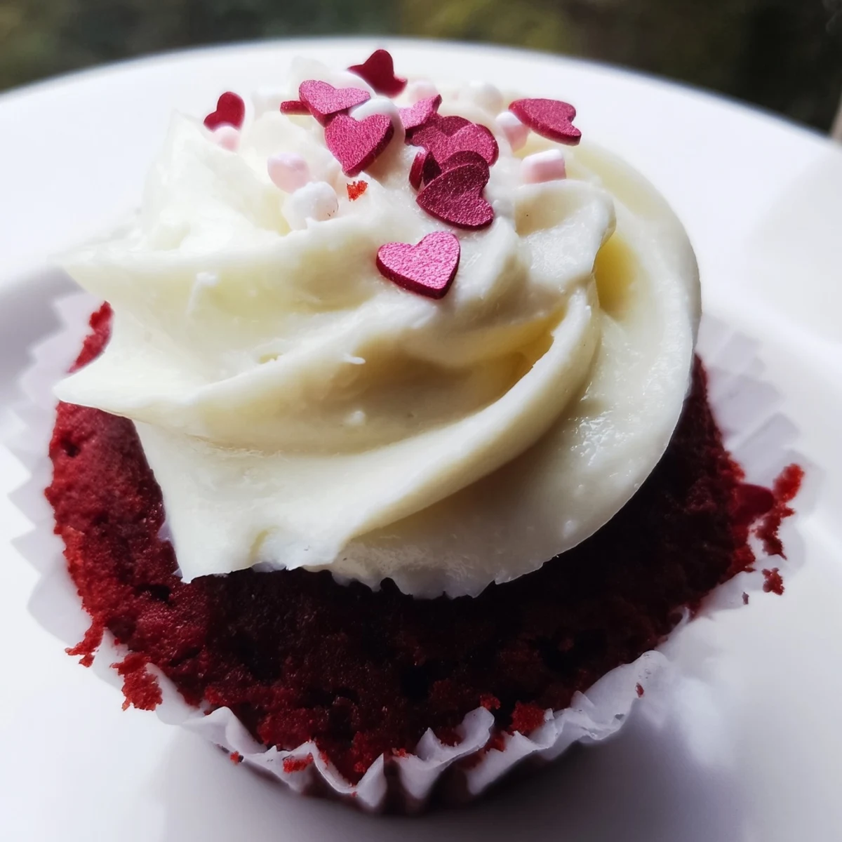Twelve moist Valentine Red Velvet Cupcakes with cream cheese frosting on a serving platter for a romantic dessert.