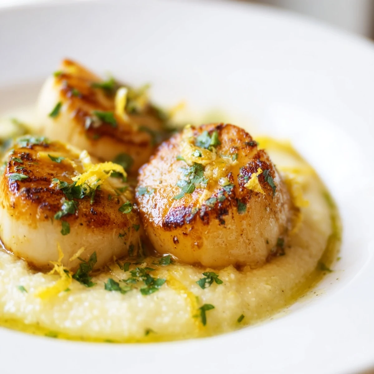 Lemon Garlic Scallops with Polenta are plated elegantly, garnished with fresh parsley for a bright finish.  