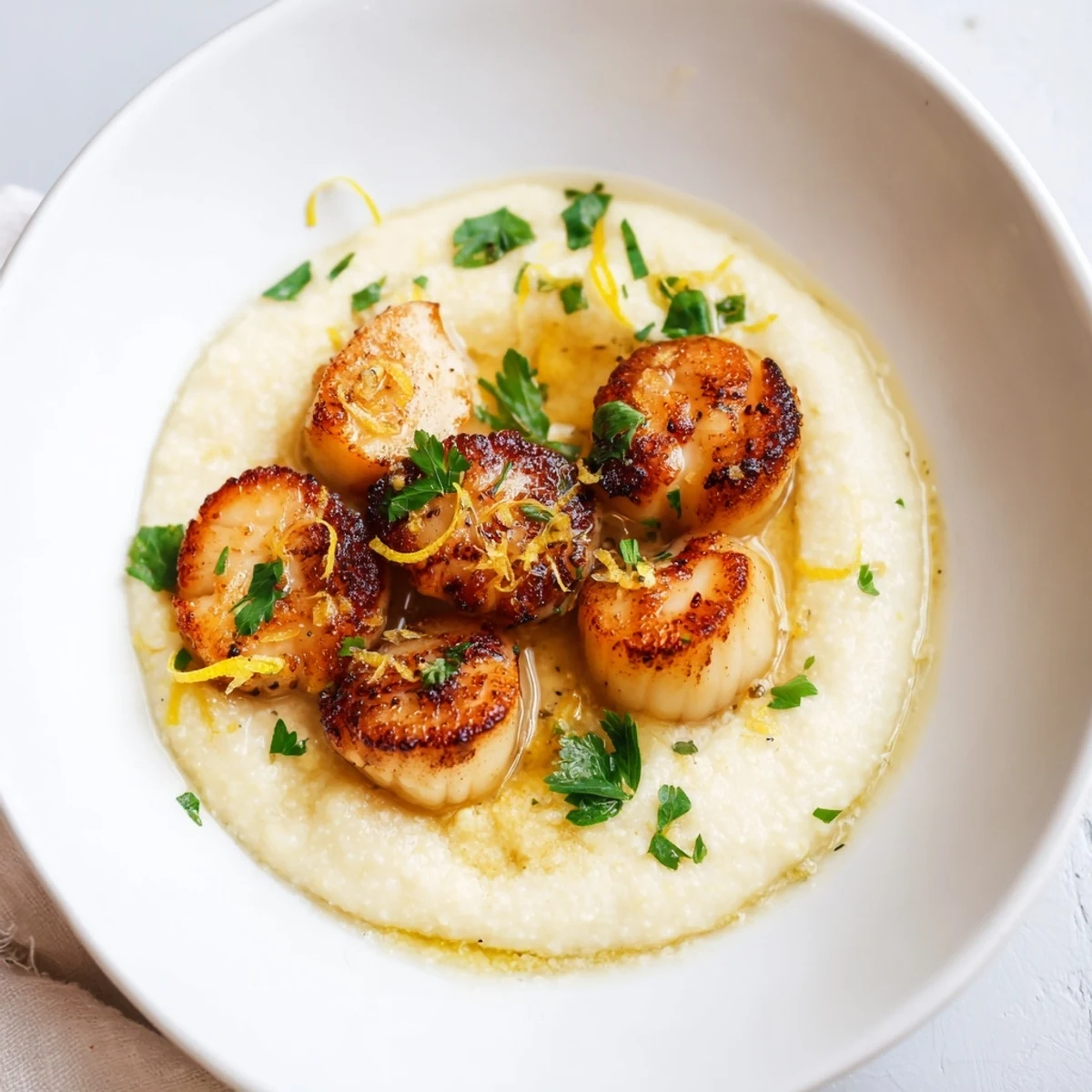 A close-up view of tender scallops resting on polenta, drizzled with a vibrant lemon-garlic sauce.