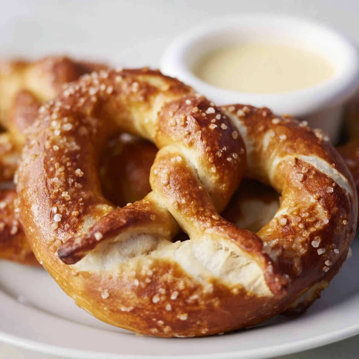 Golden-brown soft pretzels with a chewy crust and fluffy center, served warm with creamy cheddar cheese sauce for game day snacking.  