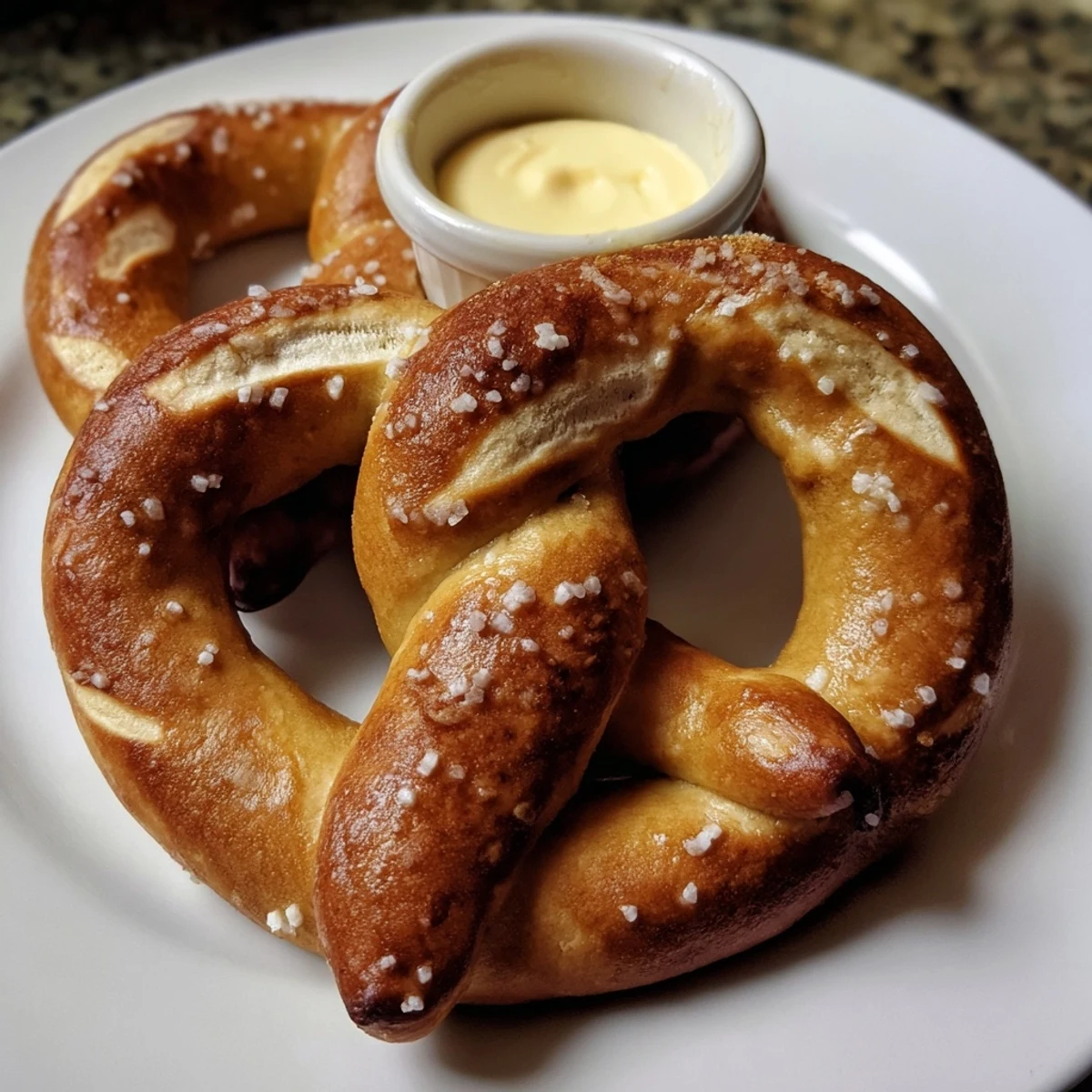 Freshly baked Game Day Soft Pretzels with a side of tangy cheese dip, perfect for football party platters.  
