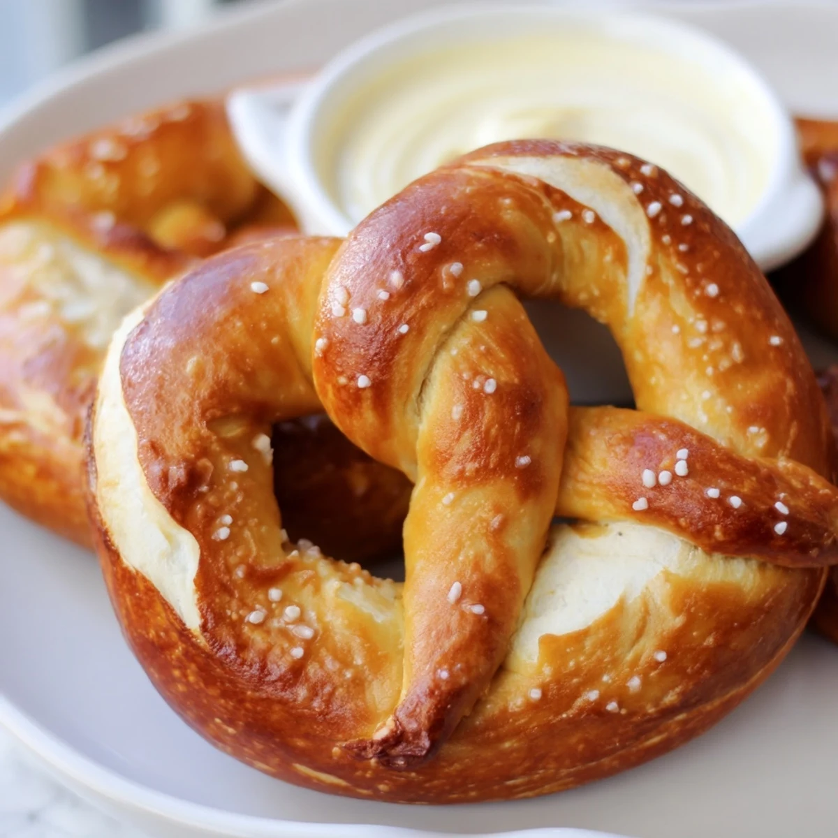 Homemade soft pretzels on a plate next to a warm, velvety cheese sauce, ideal for dipping during big games.