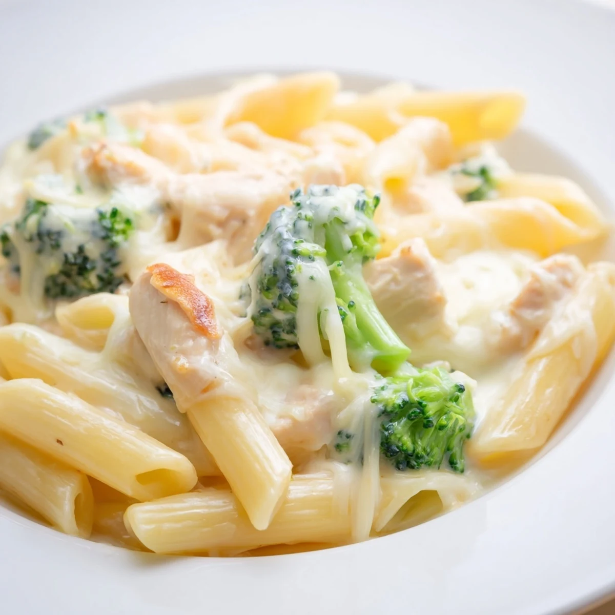 Close-up of Creamy Broccoli Pasta with Chicken, highlighting al dente pasta and golden sautéed chicken pieces.  