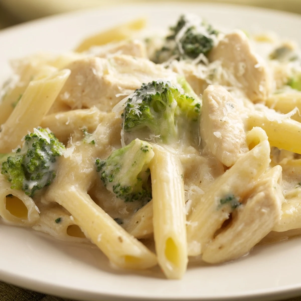 Creamy Broccoli Pasta with Chicken served in a shallow bowl with fresh parsley garnish and extra Parmesan.  