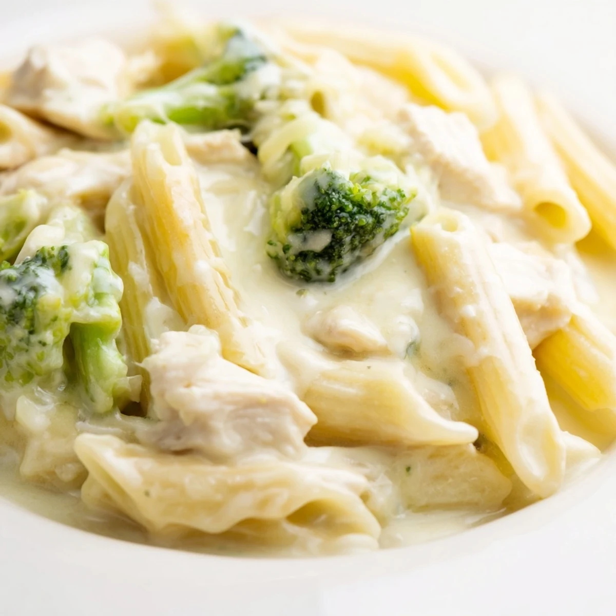 Creamy Broccoli Pasta with Chicken plated beside a glass of white wine, perfect for an easy weeknight dinner.