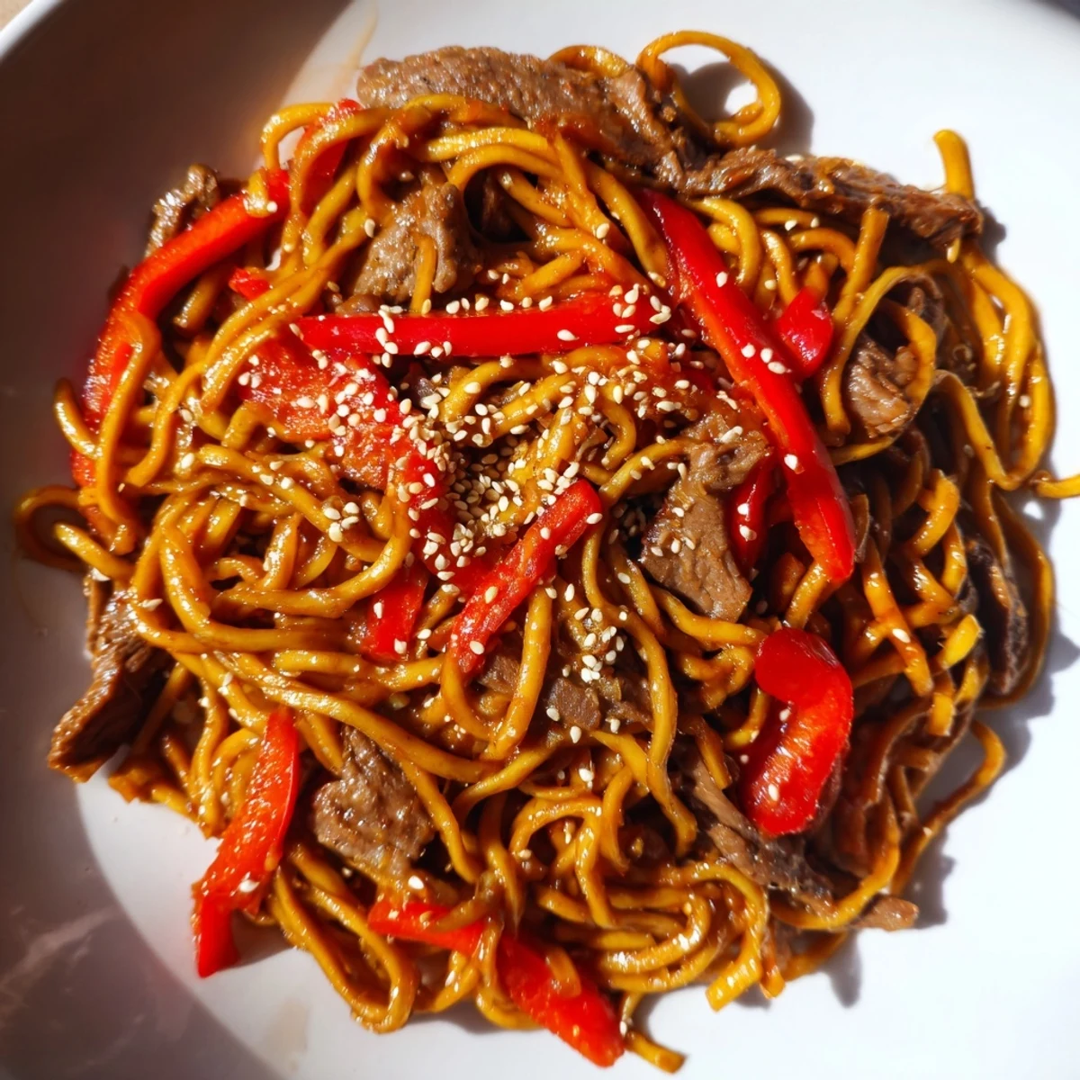 Sizzling Spicy Beef Stir Fry with Noodles served in a bowl, garnished with fresh cilantro and sesame seeds.