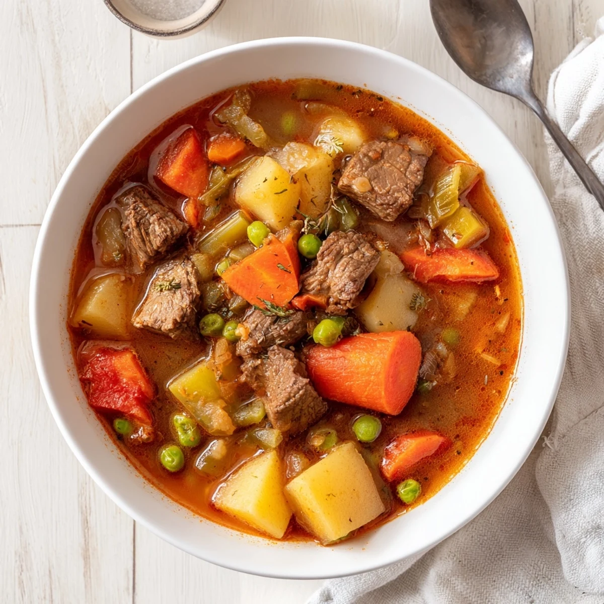 A bowl of Slow Cooker Beef and Vegetable Stew, featuring tender beef chunks, carrots, potatoes, and peas in a rich, savory broth.