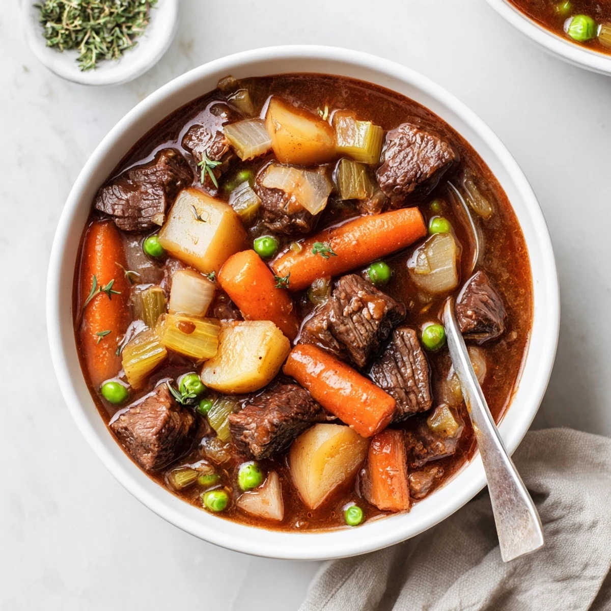 Close-up view of Slow Cooker Beef and Vegetable Stew, highlighting succulent beef, carrots, and potatoes simmered in a thick, flavorful gravy.