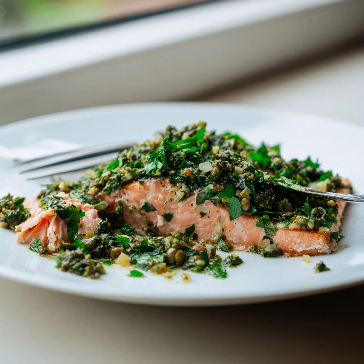 Freshly baked salmon with salsa verde drizzled over tender fillets, served alongside roasted potatoes and a crisp salad.  
