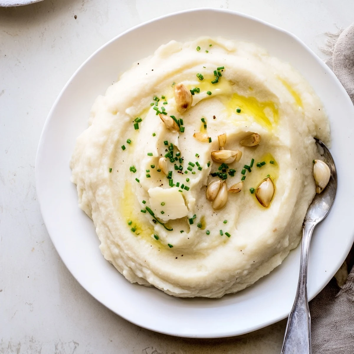 Serve Roasted Garlic Mashed Cauliflower as a warm, gluten-free side dish next to roasted chicken or steak for dinner.