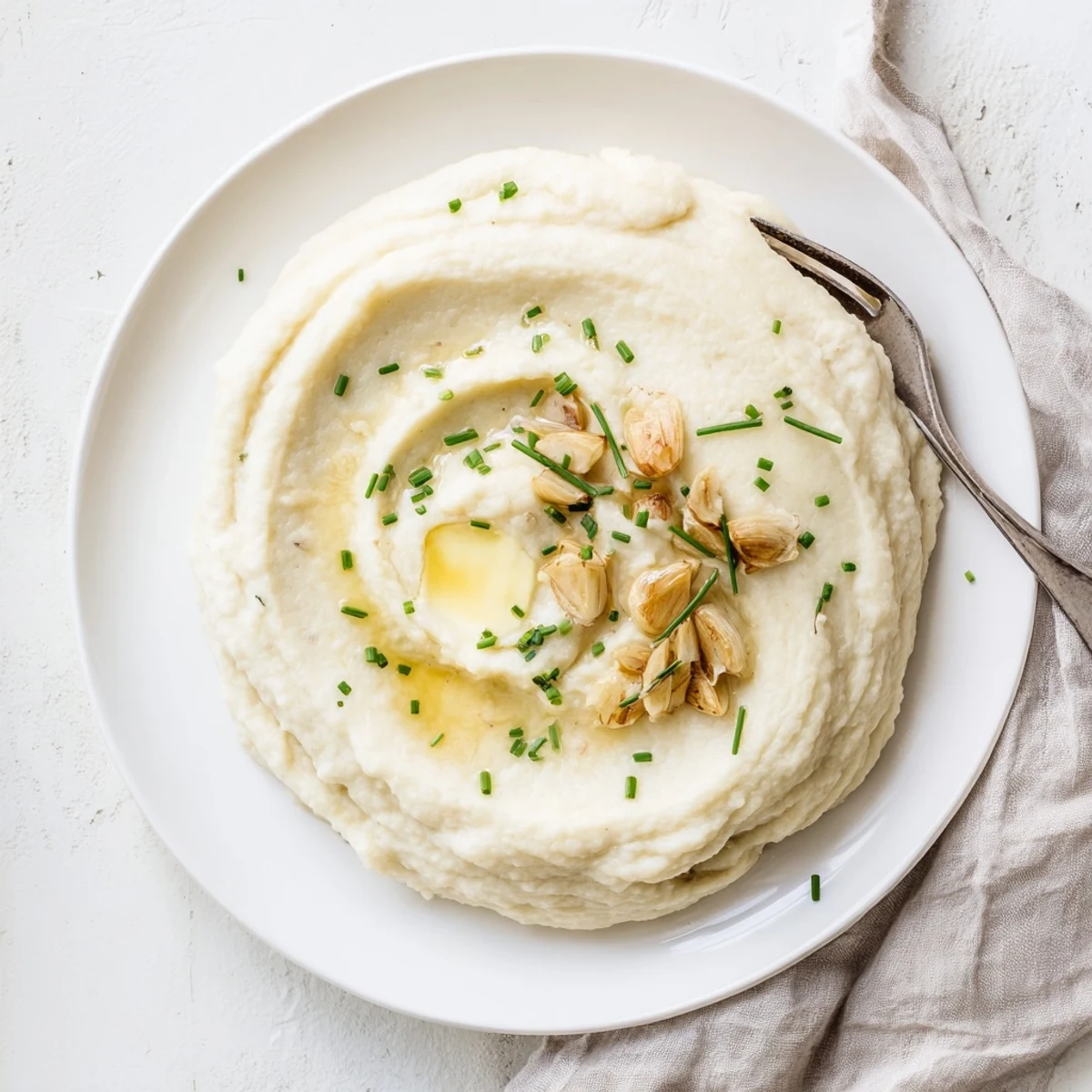 A food processor blends steamed cauliflower florets and roasted garlic cloves to create this low-carb Roasted Garlic Mashed Cauliflower.