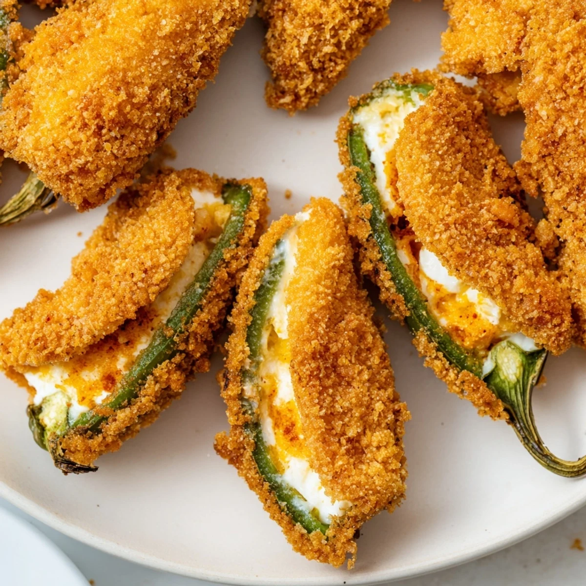 Golden, breaded spicy jalapeño poppers with cream cheese filling, garnished with fresh chives on a rustic table.  