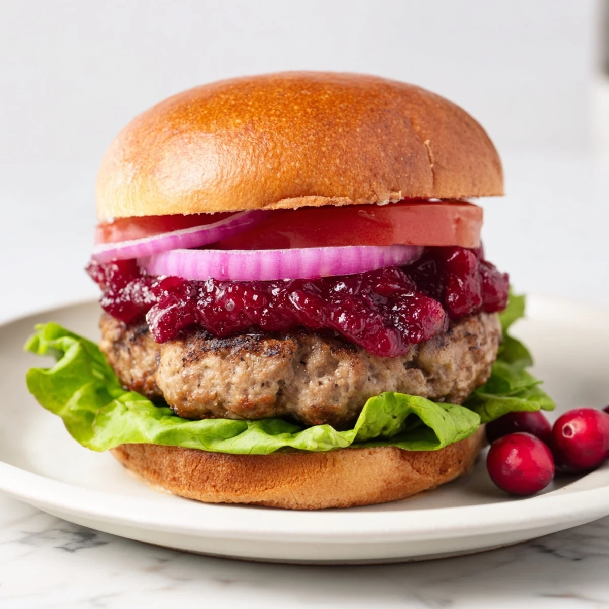 A close-up view of a juicy Turkey Burgers with Cranberry Sauce, garnished with fresh herbs.