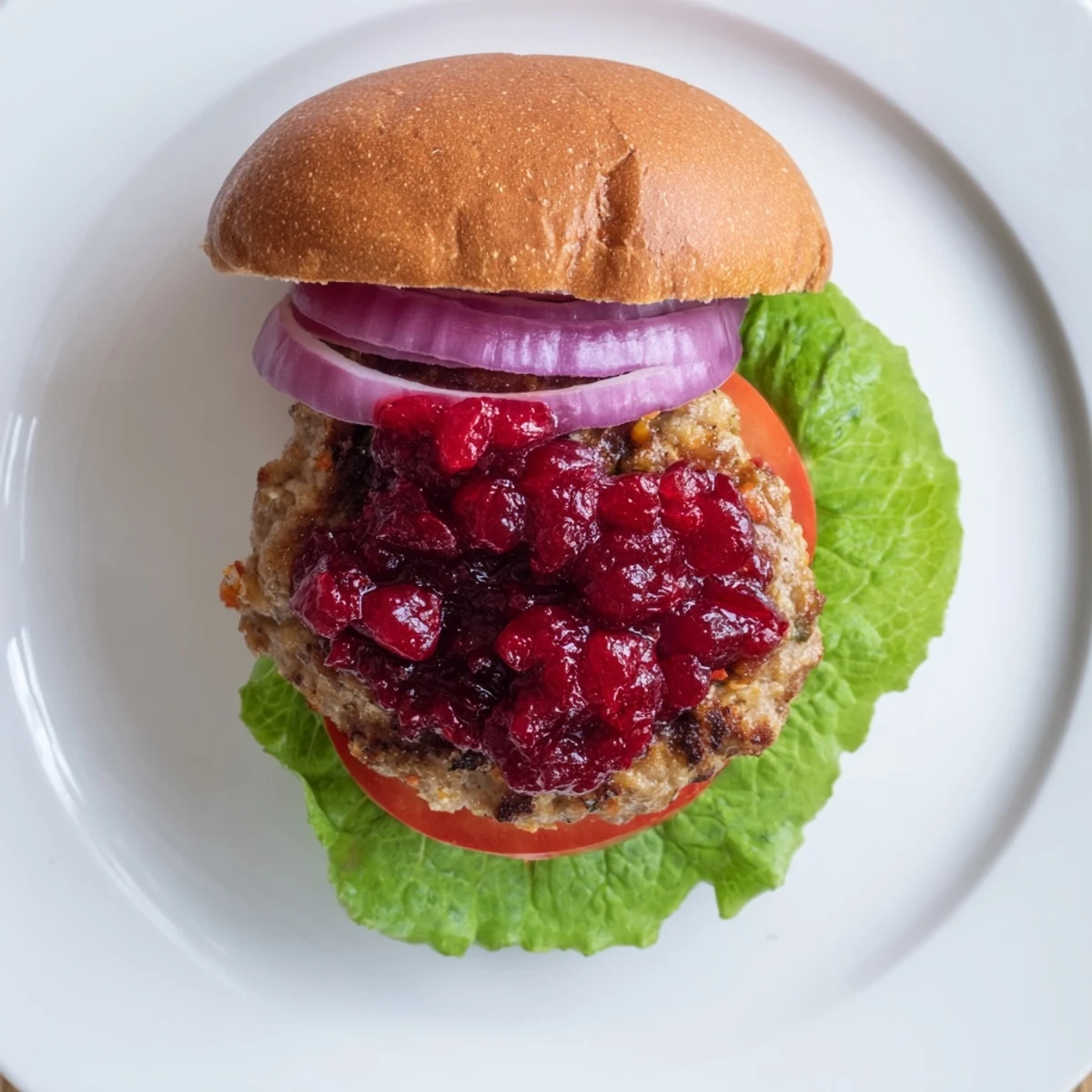 Savory turkey patties topped with vibrant homemade cranberry sauce, ready to serve for dinner.