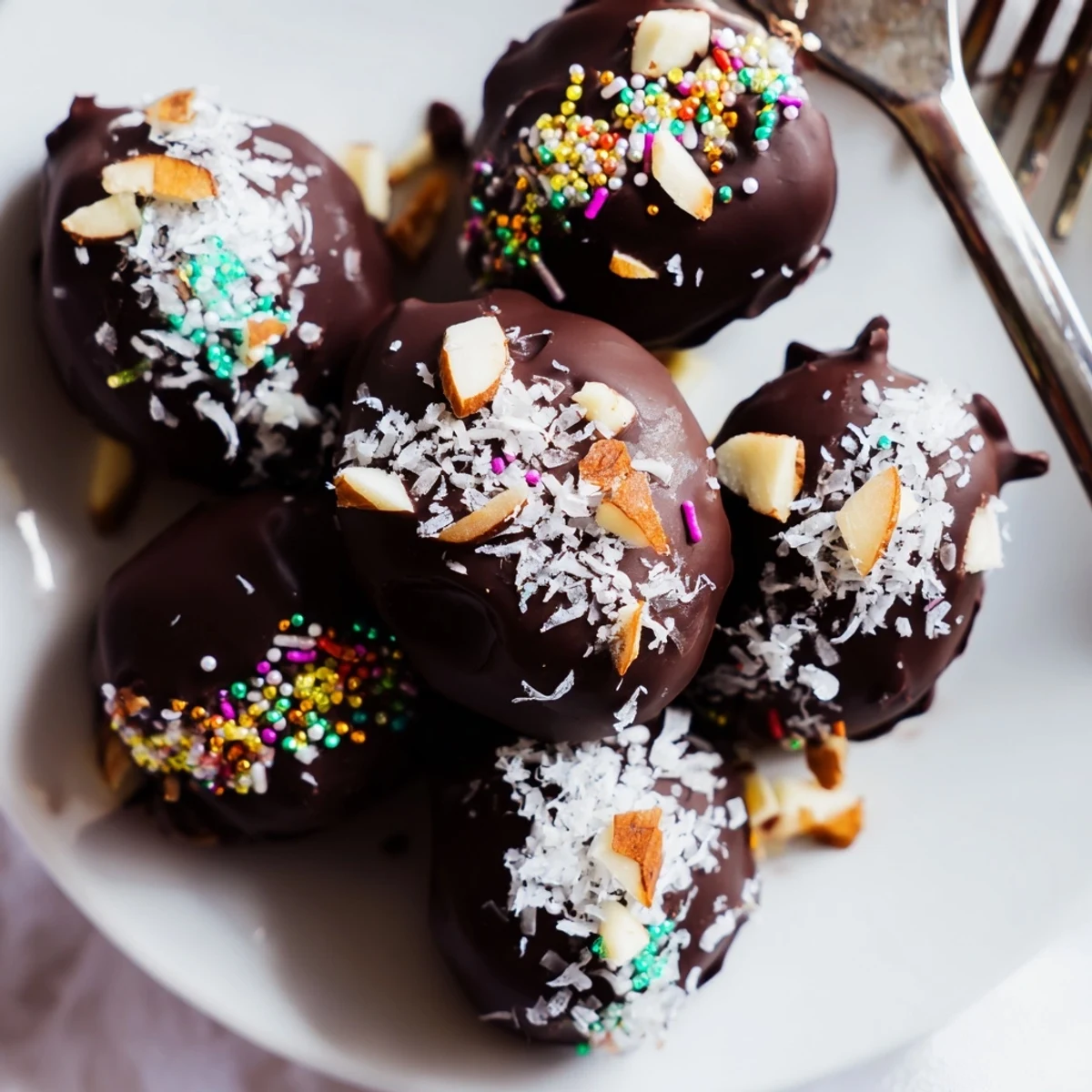Frozen chocolate banana bites topped with chopped almonds and shredded coconut on a chilled serving plate, offering a sweet and crunchy snack.  