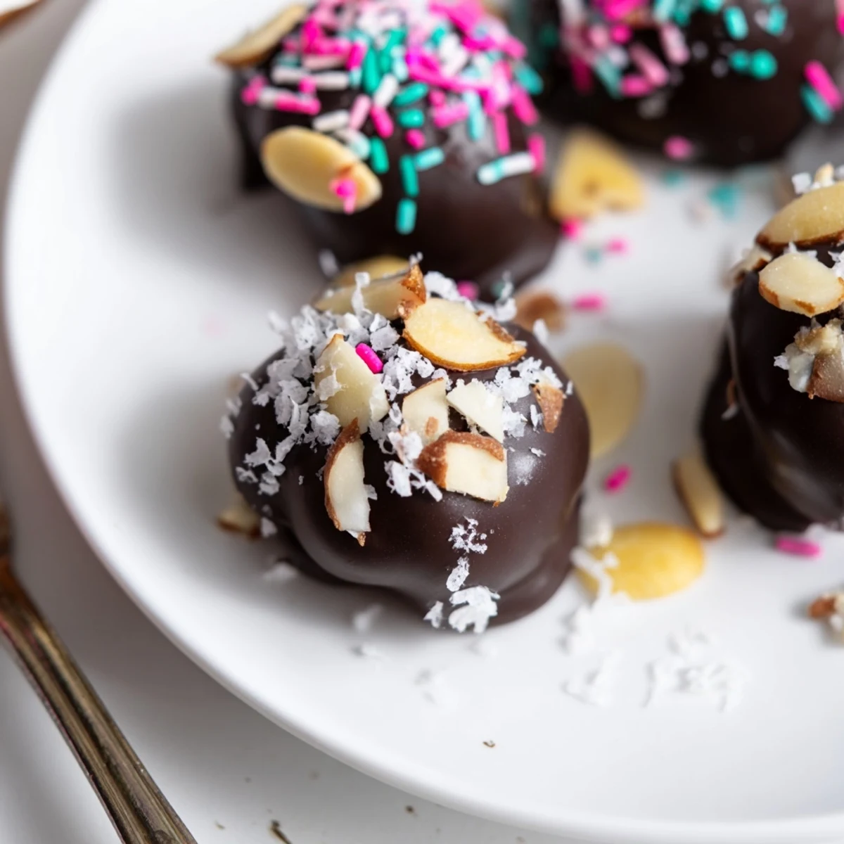 Homemade chocolate covered banana bites with rainbow sprinkles, frozen until firm and ready to enjoy as a guilt-free dessert.