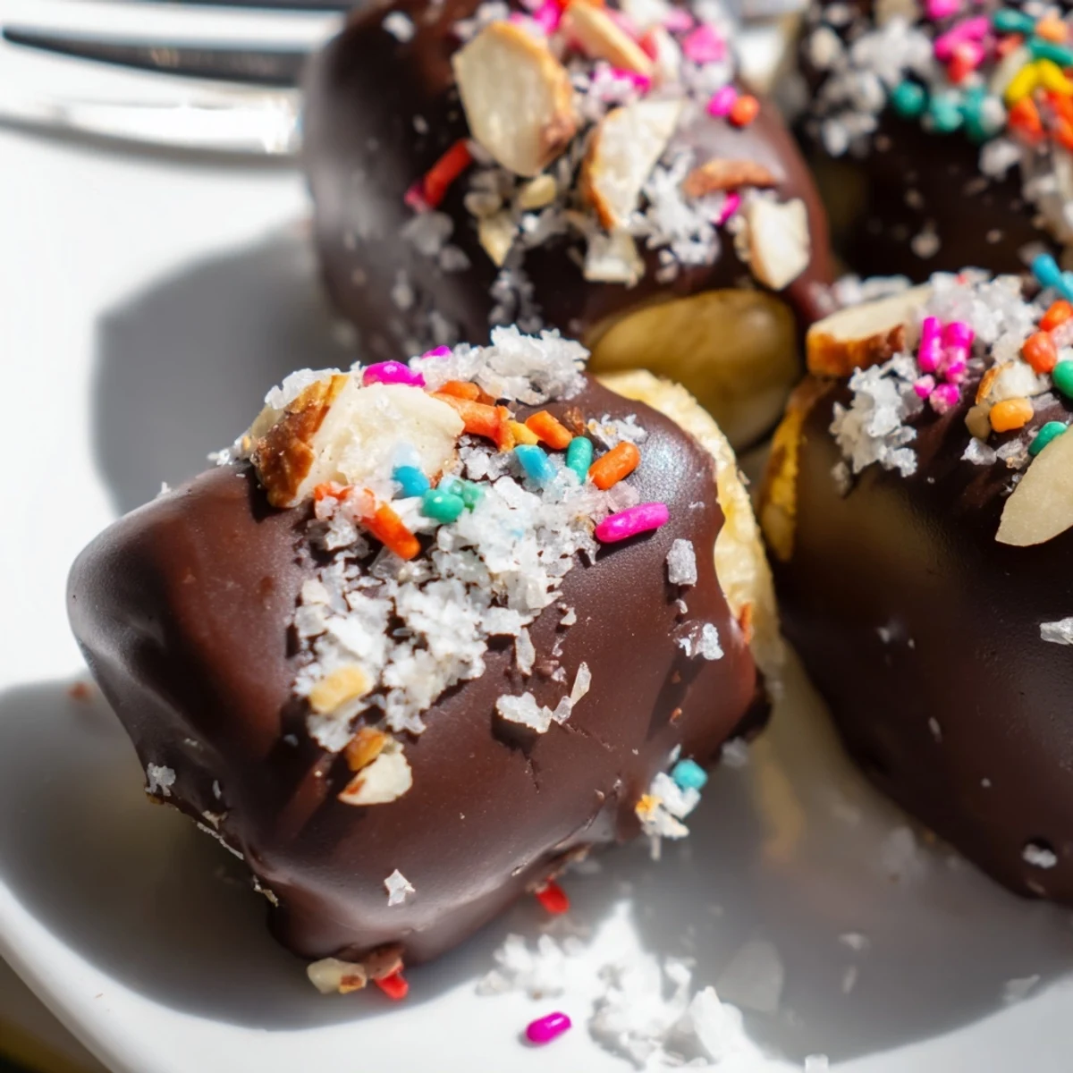 Glossy dark chocolate-dipped banana slices sprinkled with sea salt flakes, arranged neatly on parchment paper for easy serving.  