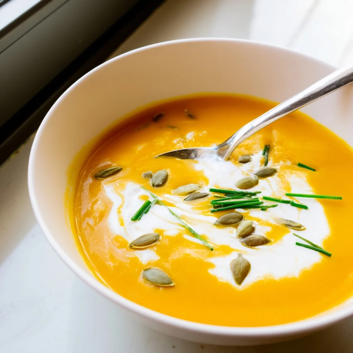Close-up of velvety Winter Squash Soup with Apple, topped with fresh chives and a drizzle of coconut cream.  