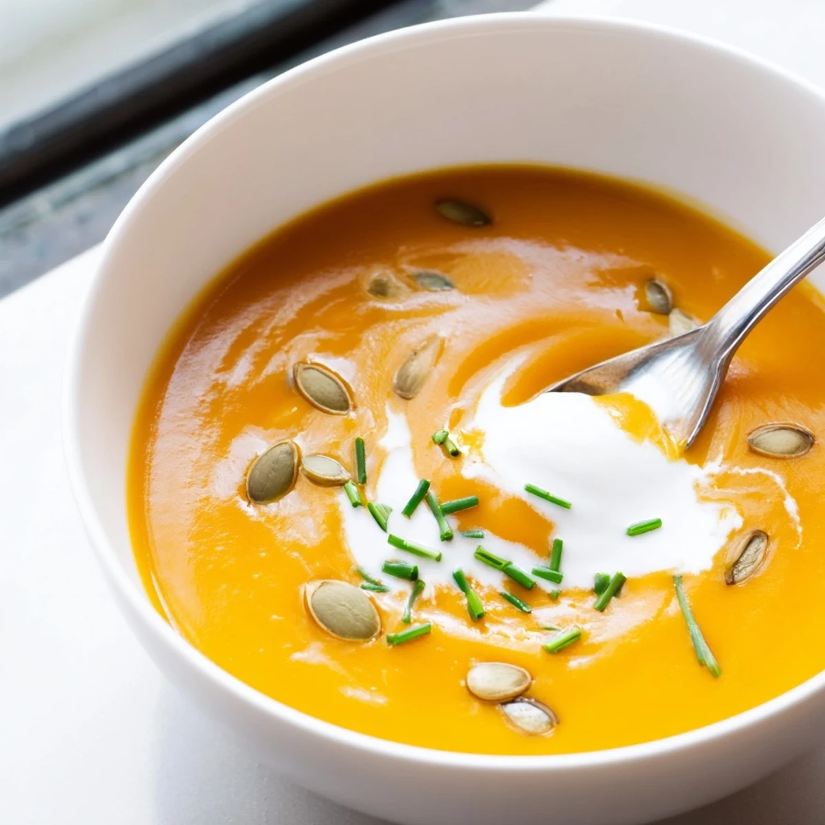 Creamy Winter Squash Soup with Apple served in a rustic bowl, garnished with pumpkin seeds and a swirl of crème fraîche.  