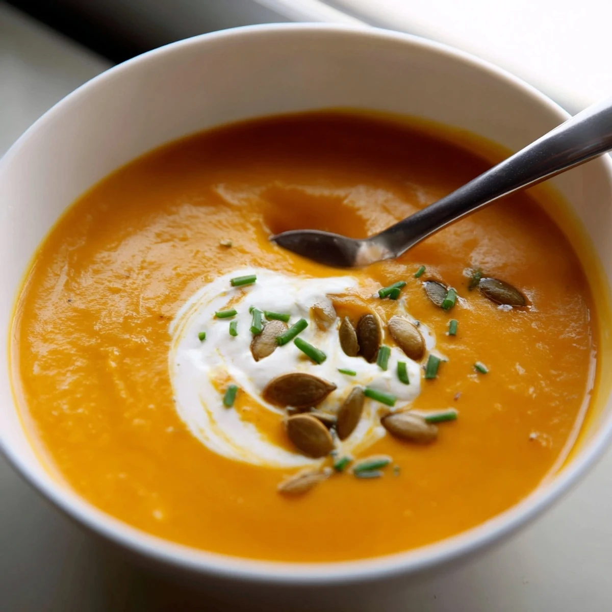 Steaming bowl of Winter Squash Soup with Apple paired with crusty bread, perfect for a cozy fall dinner.