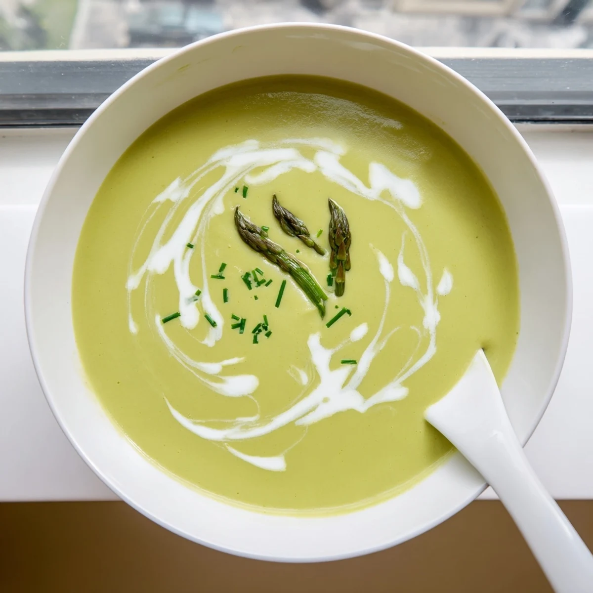 A bowl of creamy asparagus soup with lemon, garnished with fresh chives and a swirl of cream.
