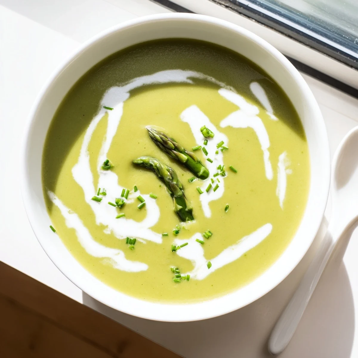 Creamy asparagus soup with lemon served hot in a white bowl, topped with tender green spears.