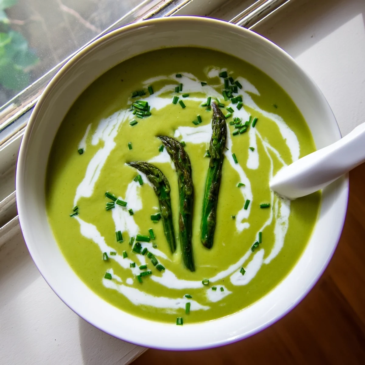 Springtime creamy asparagus soup with lemon, featuring velvety texture and bright citrus notes for a light appetizer.