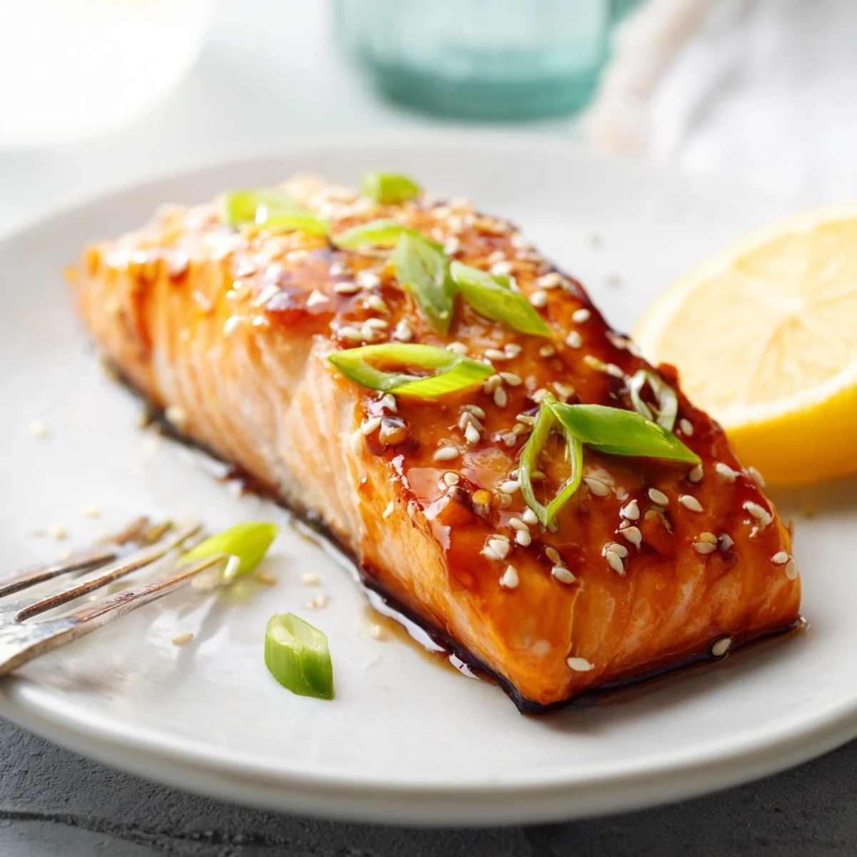 Freshly baked salmon fillets with a glossy teriyaki glaze, garnished with green onions and sesame seeds, served with lemon wedges.